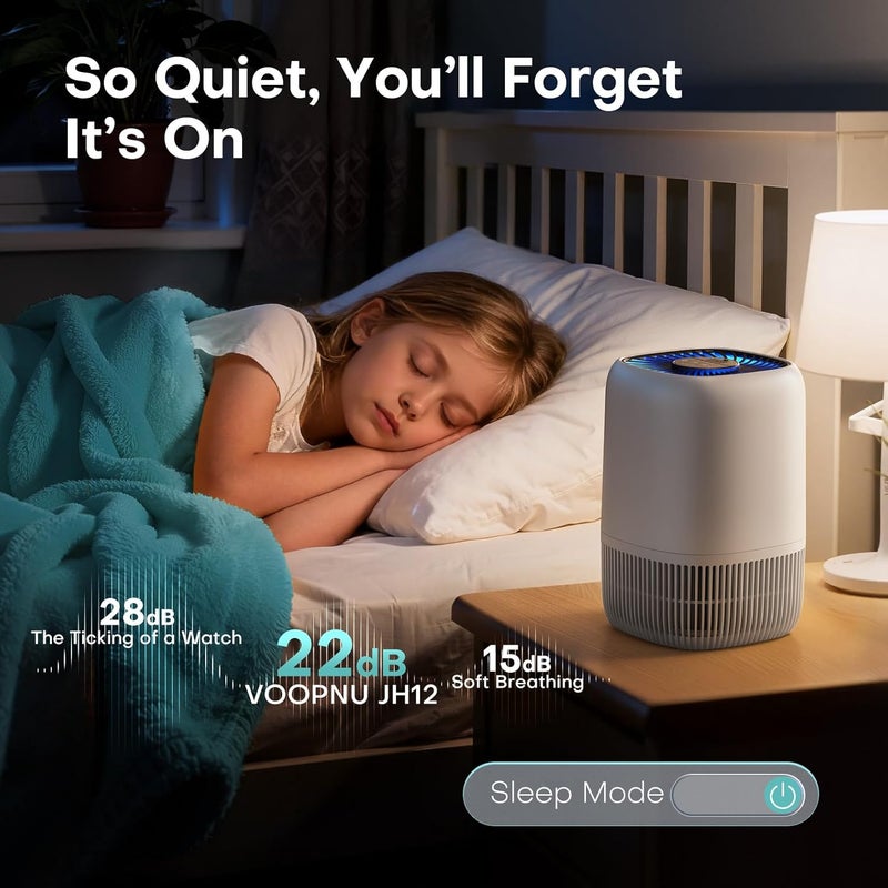 VOOPNU Air Purifiers for Home with H13 Quiet HEPA Filter, Up to 1076 Ft² for Pet Hair, Odors, Pollen, Smoke, Compact Air Cleaner with 3 Speeds, Timer, Aroma Quiet 360°Intake Filter, White - Image 4